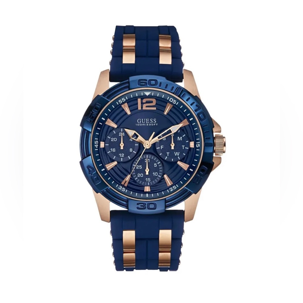 Guess Rose Gold Stainless Steel Blue Silicone Strap‎ Men Watch W0366G4